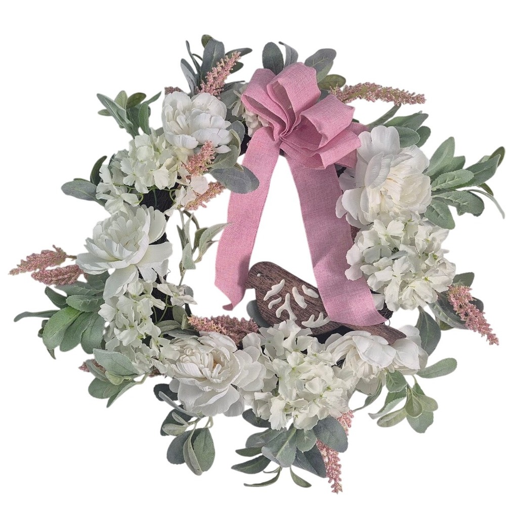 Floral Wreath Ashland White‎ Pink Bird Bow Farmhouse Spring Decor